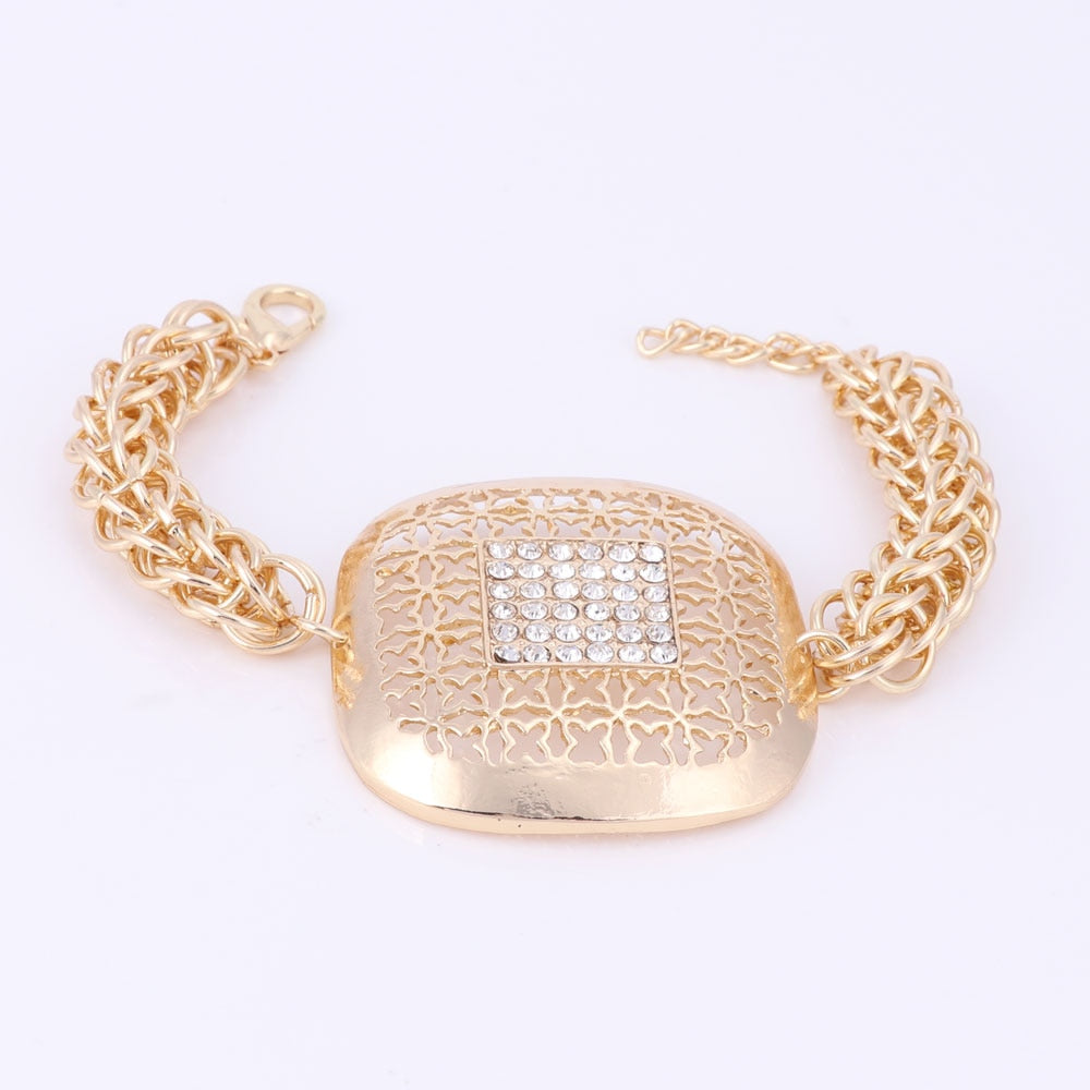 Gold-Plated Square Crystal Necklace, Bracelet, Earrings & Ring Wedding Statement Jewelry Set-Jewelry Sets-Innovato Design-Innovato Design
