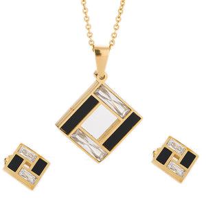 Gold-Plated Rectangular Black and Clear Crystal 316L Stainless Steel Necklace & Earrings Wedding Jewelry Set-Jewelry Sets-Innovato Design-Innovato Design