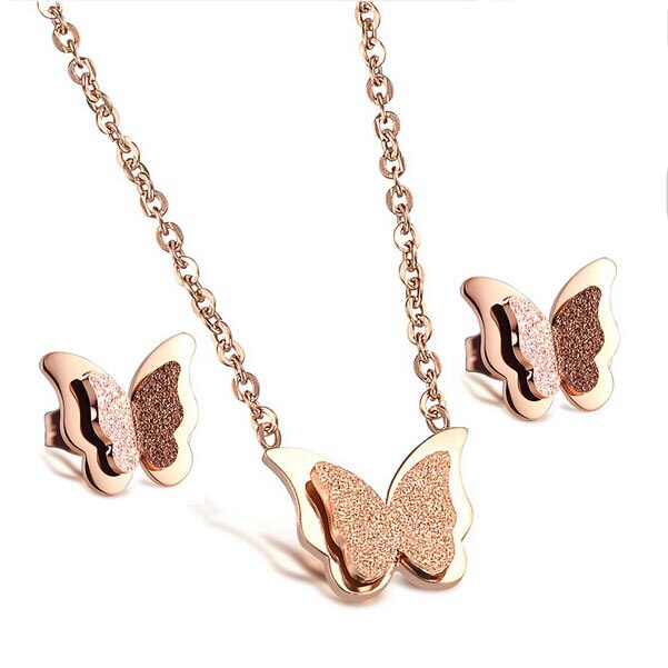 Romantic Butterfly Stainless Steel Necklace & Earrings Fashion Jewelry Set-Jewelry Sets-Innovato Design-Rose-Innovato Design