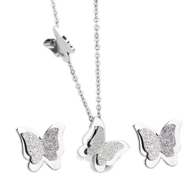 Romantic Butterfly Stainless Steel Necklace & Earrings Fashion Jewelry Set-Jewelry Sets-Innovato Design-Silver-Innovato Design