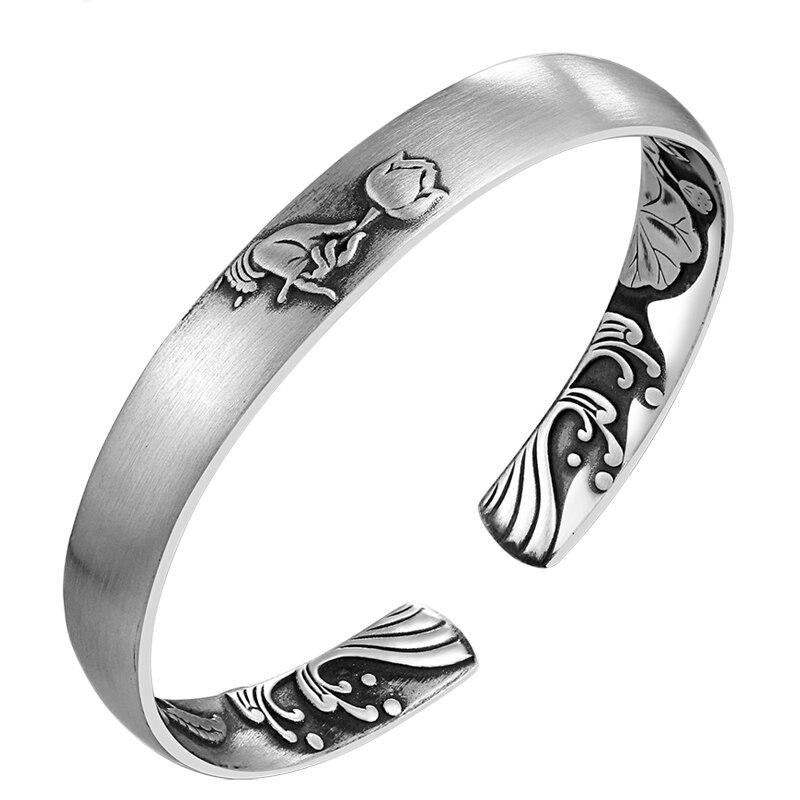 8mm Lotus 999 Genuine Silver Vintage Rock Open Cuff Bracelet-Bracelets-Innovato Design-Innovato Design