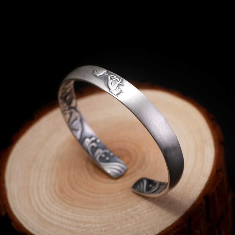 8mm Lotus 999 Genuine Silver Vintage Rock Open Cuff Bracelet-Bracelets-Innovato Design-Innovato Design