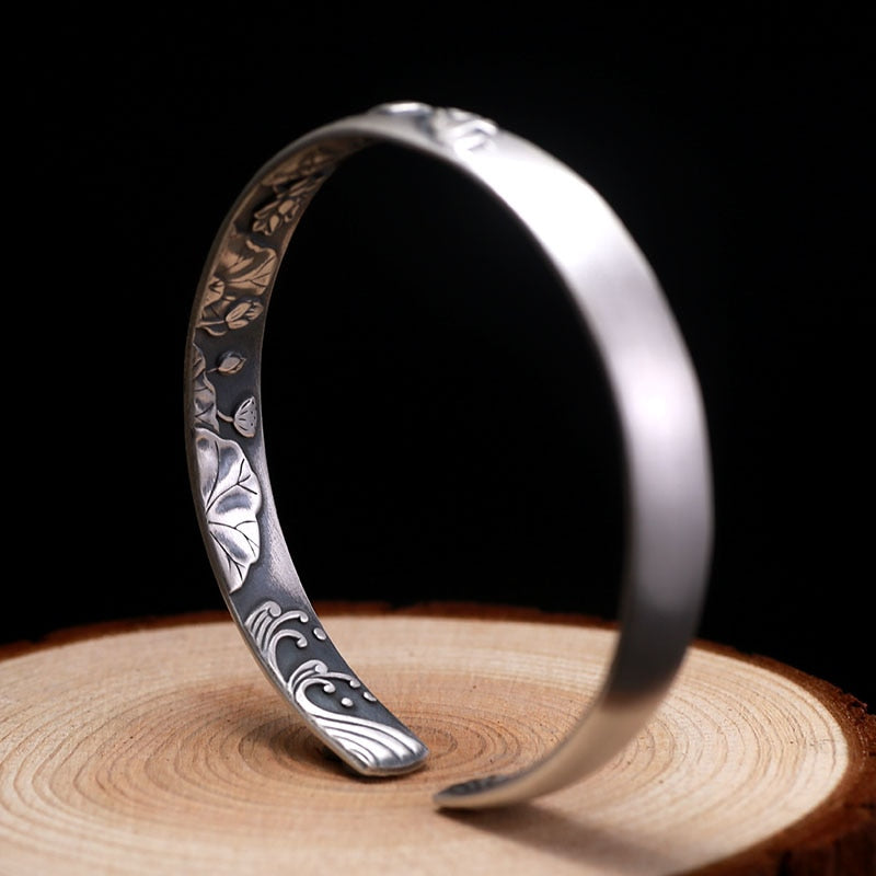 8mm Lotus 999 Genuine Silver Vintage Rock Open Cuff Bracelet-Bracelets-Innovato Design-Innovato Design