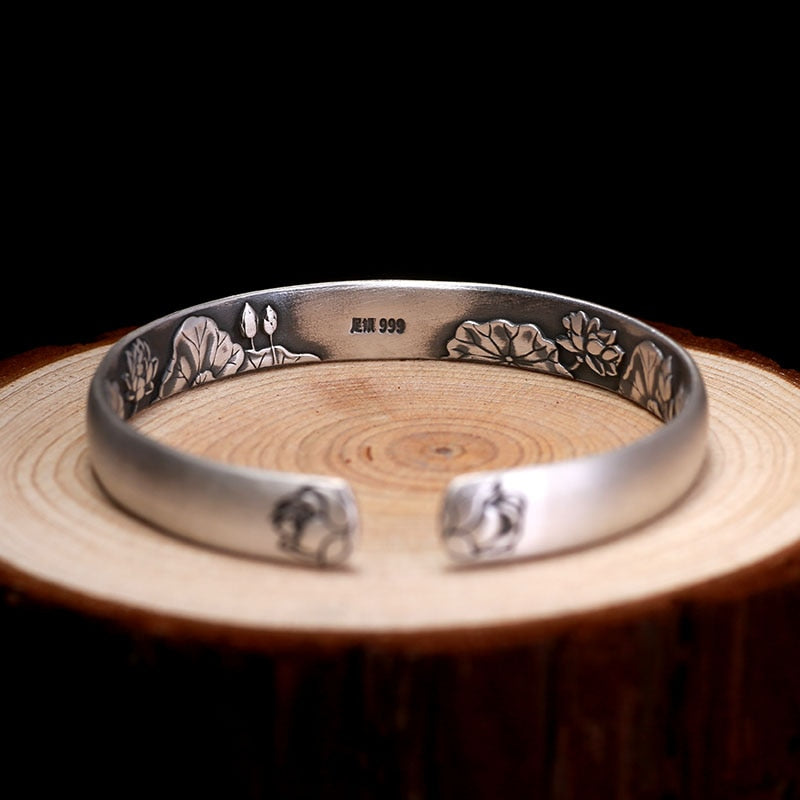 8mm Lotus 999 Genuine Silver Vintage Rock Open Cuff Bracelet-Bracelets-Innovato Design-Innovato Design