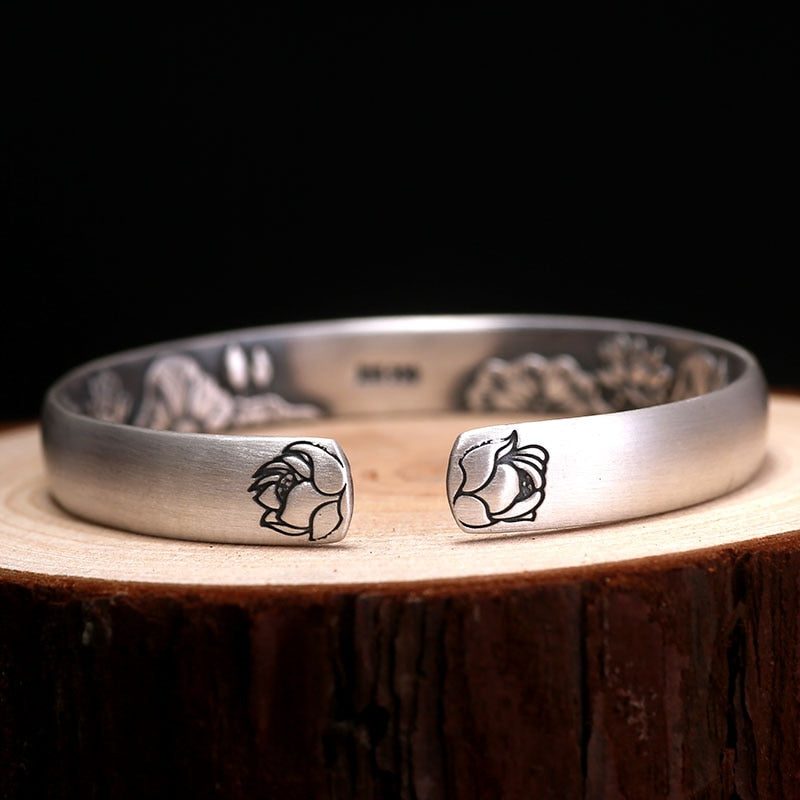 8mm Lotus 999 Genuine Silver Vintage Rock Open Cuff Bracelet-Bracelets-Innovato Design-Innovato Design