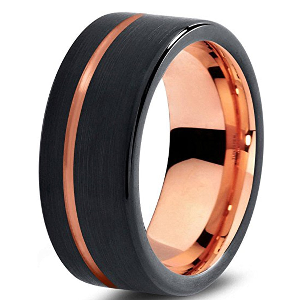 Rose Gold Inlay Black Tungsten Wedding Ring Set-Couple Rings-Innovato Design-8-6-Innovato Design