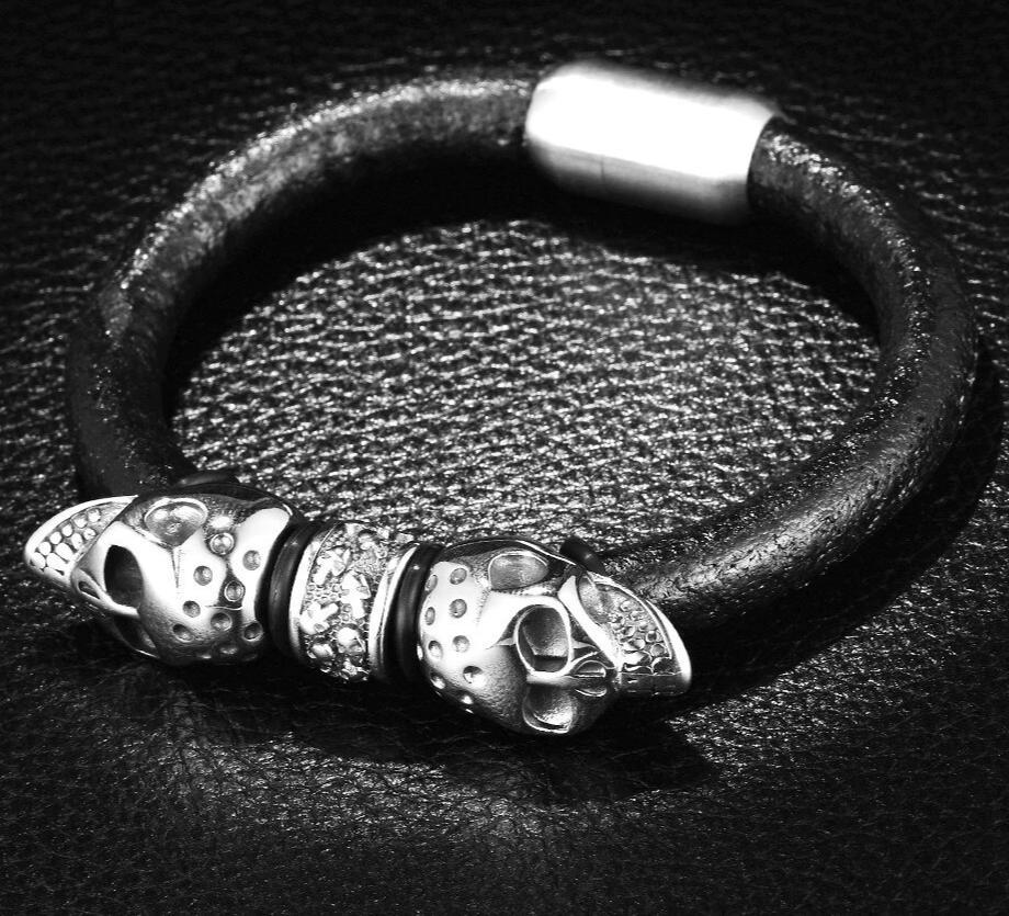 Black Braided Leather Stainless Steel Twin Devil's Skull Bracelet-Skull Bracelet-Innovato Design-18cm-Innovato Design