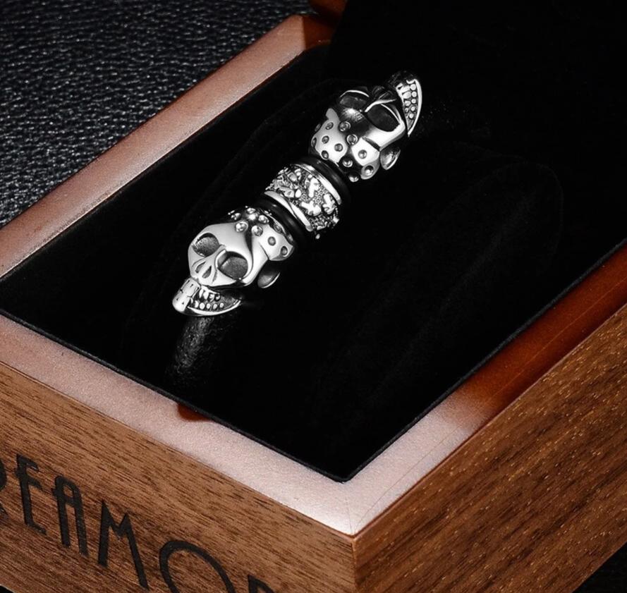 Black Braided Leather Stainless Steel Twin Devil's Skull Bracelet-Skull Bracelet-Innovato Design-18cm-Innovato Design