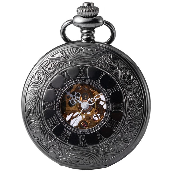 Roman Numeral Carvings on a Black Metal Pocket Watch - InnovatoDesign