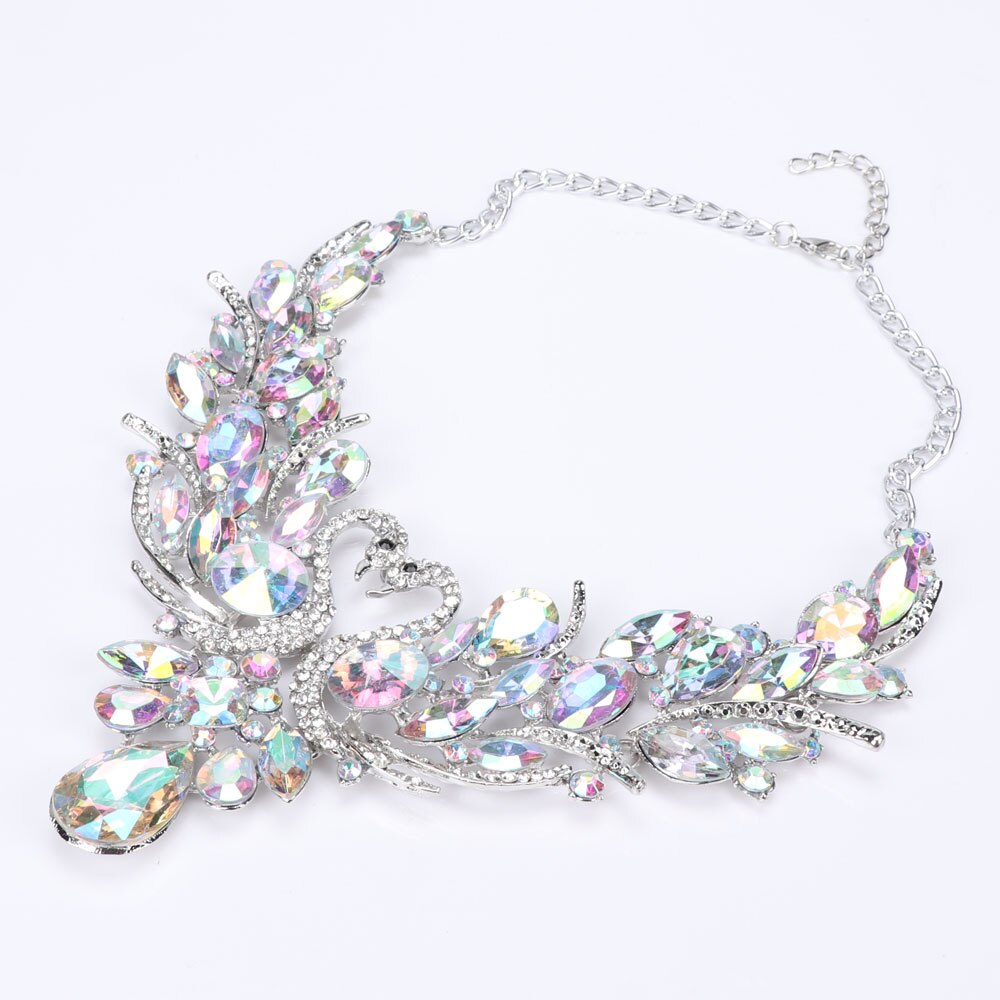 Silver-Plated AB Crystal Double Swan Necklace & Earrings Wedding Statement Jewelry Set-Jewelry Sets-Innovato Design-Innovato Design