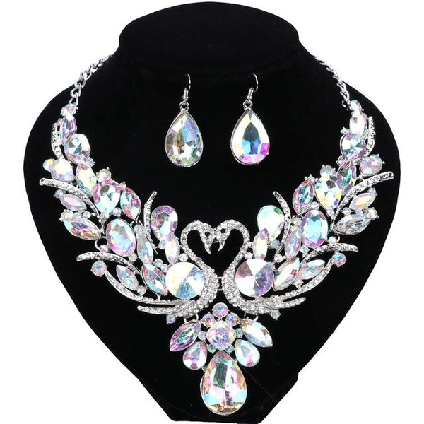 Silver-Plated AB Crystal Double Swan Necklace & Earrings Wedding Statement Jewelry Set-Jewelry Sets-Innovato Design-Innovato Design
