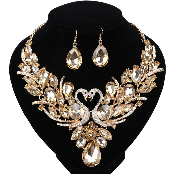 Gold-Plated Champagne Crystal Double Swan Necklace & Earrings Wedding Jewelry Set-Jewelry Sets-Innovato Design-Innovato Design