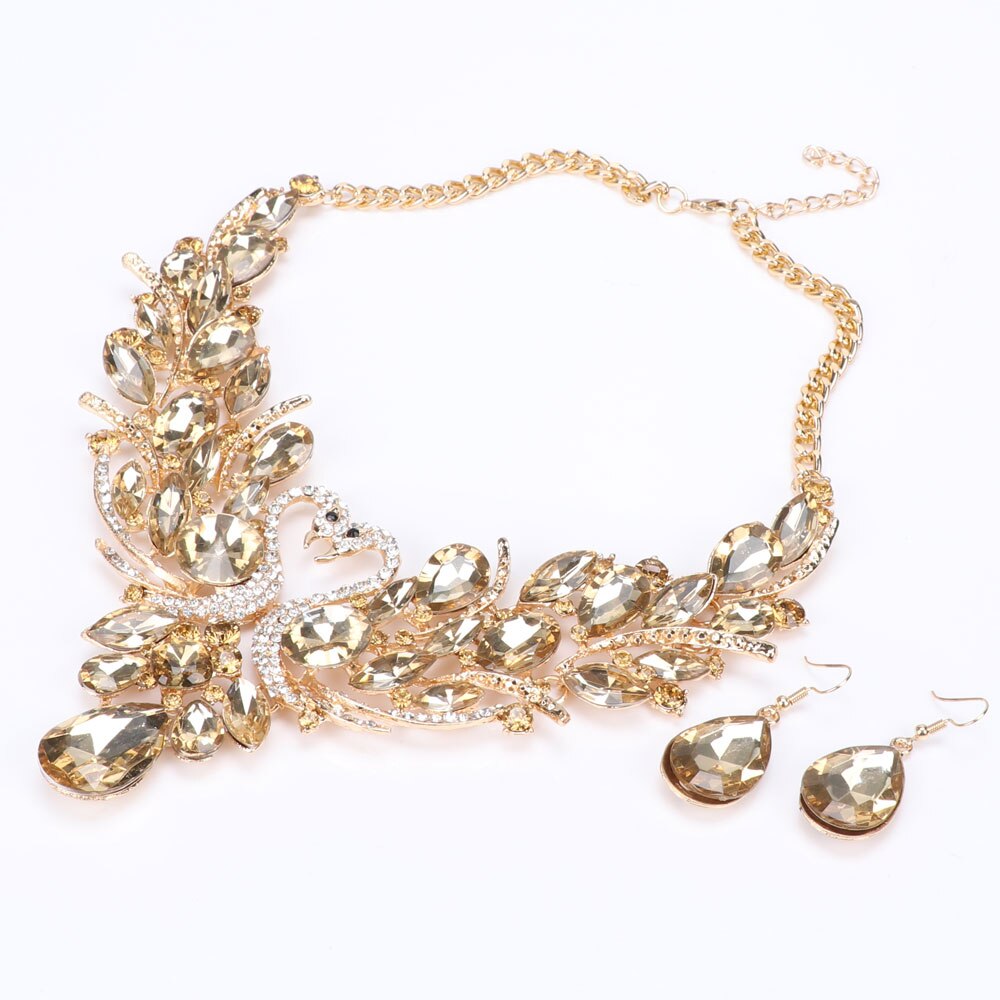 Gold-Plated Champagne Crystal Double Swan Necklace & Earrings Wedding Jewelry Set-Jewelry Sets-Innovato Design-Innovato Design