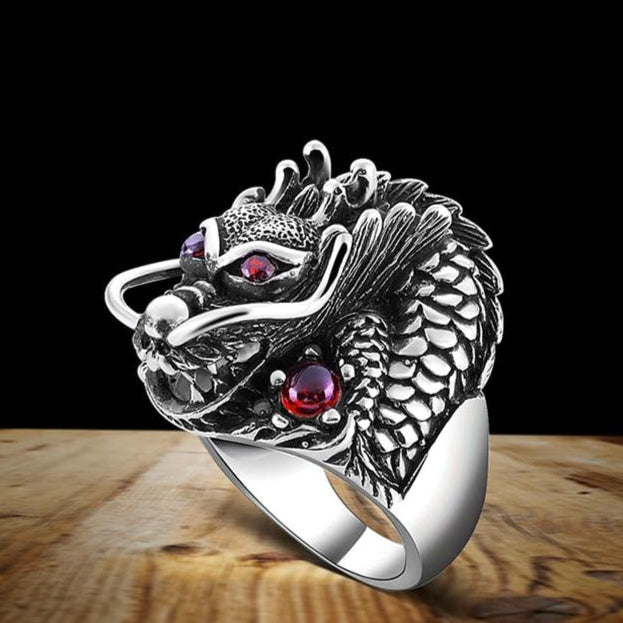Men's Red-Eye Dragon Ring Solid Sterling 925 Hallmarked Silver Ring with Zirconia-Rings-Innovato Design-7-Innovato Design