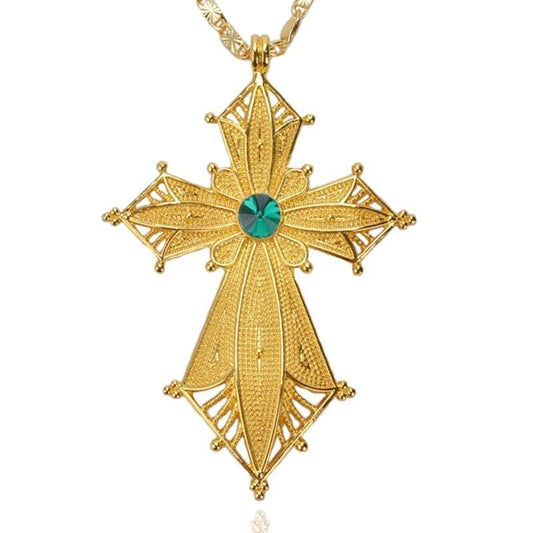 Golden Habesha Ethiopian Cross Pendant with Green Stone Center-Necklaces-Innovato Design-Innovato Design