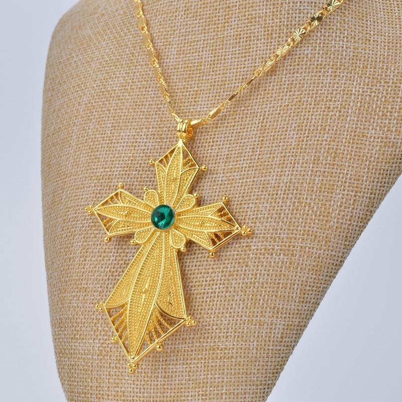 Golden Habesha Ethiopian Cross Pendant with Green Stone Center-Necklaces-Innovato Design-Innovato Design