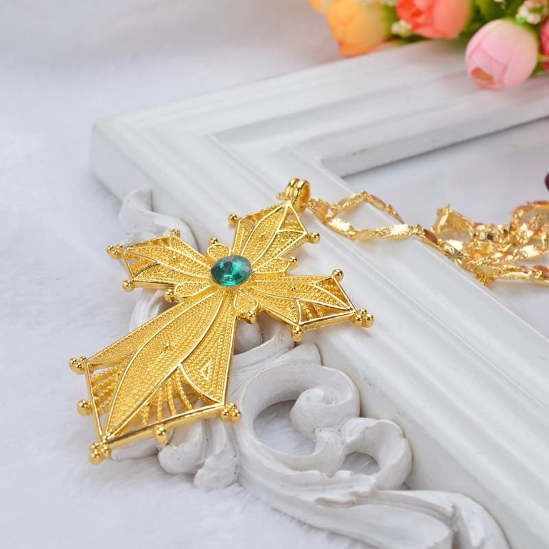 Golden Habesha Ethiopian Cross Pendant with Green Stone Center-Necklaces-Innovato Design-Innovato Design