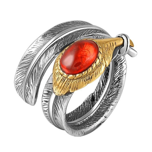 Red Cubic Zirconia Feather 925 Sterling Silver Handmade Vintage Ring-Rings-Innovato Design-Innovato Design