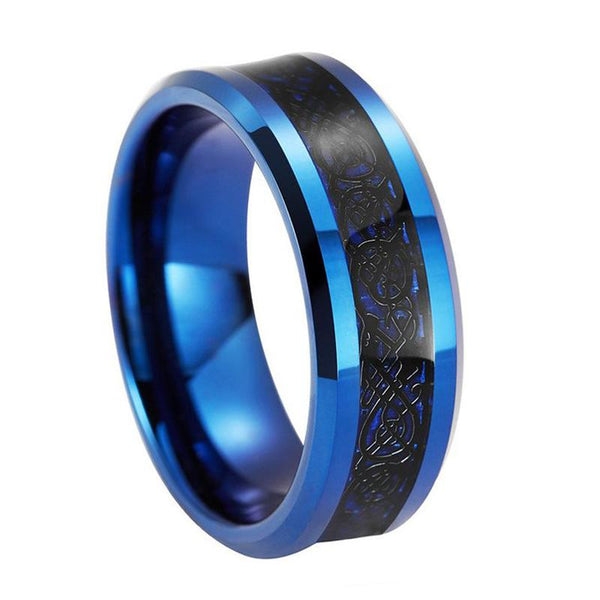 8mm Blue Tungsten Ring with Carbon Fiber Black Dragon Inlay