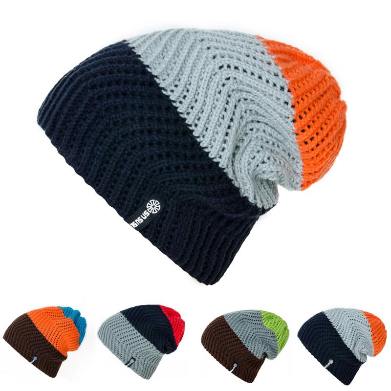 Tri-colored Striped Beanie, Knit Hat or Bonnet-Hats-Innovato Design-Dark Blue Orange-Innovato Design