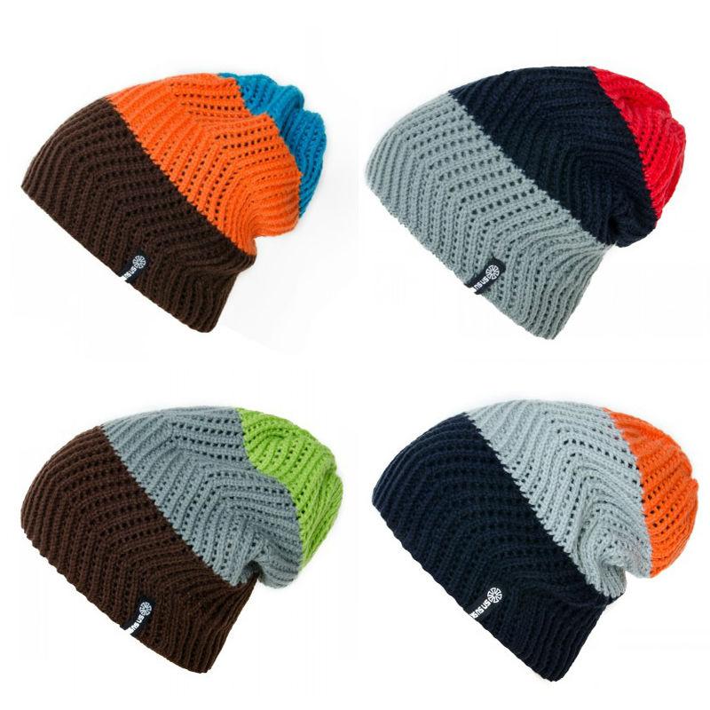 Tri-colored Striped Beanie, Knit Hat or Bonnet-Hats-Innovato Design-Dark Blue Orange-Innovato Design