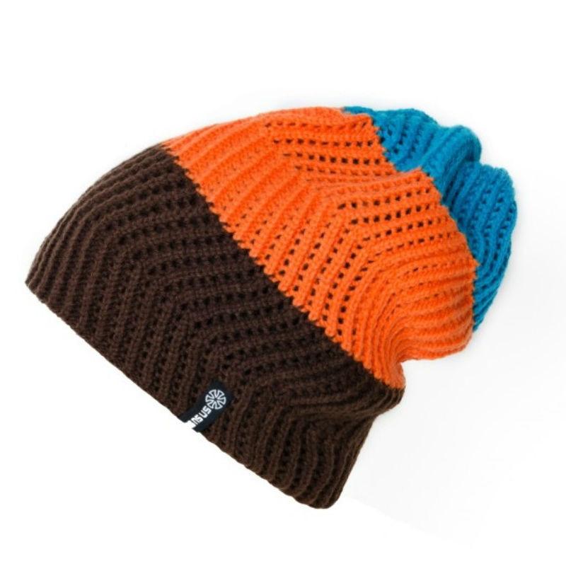Tri-colored Striped Beanie, Knit Hat or Bonnet-Hats-Innovato Design-Brown Orange Blue-Innovato Design