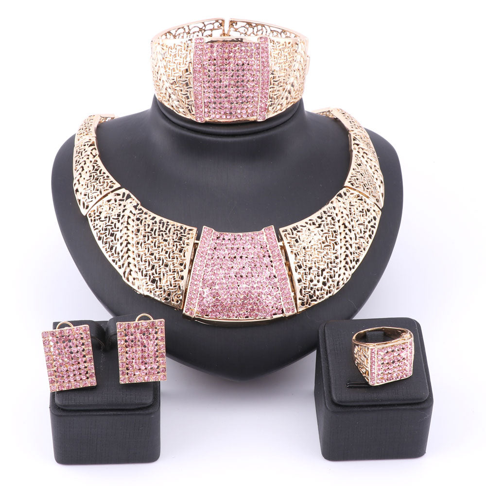 Gold-Plated Pink Austrian Crystal and Rhinestone Necklace, Bracelet, Earrings & Ring Wedding Jewelry Set-Jewelry Sets-Innovato Design-Innovato Design