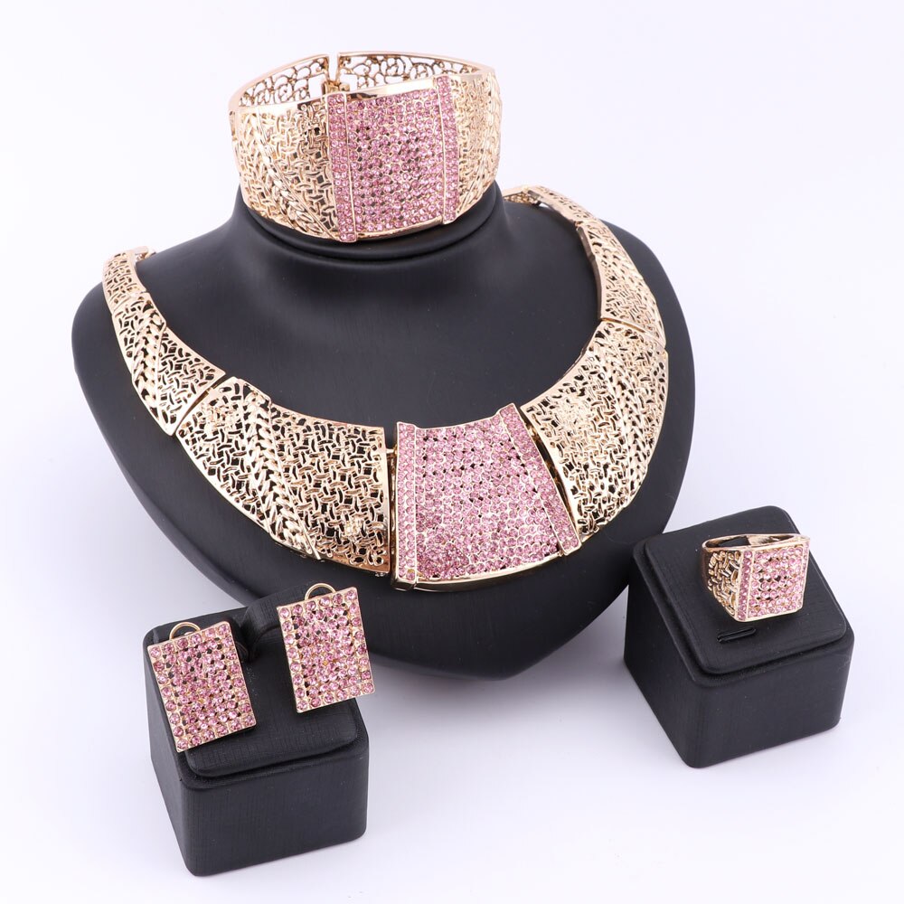 Gold-Plated Pink Austrian Crystal and Rhinestone Necklace, Bracelet, Earrings & Ring Wedding Jewelry Set-Jewelry Sets-Innovato Design-Innovato Design