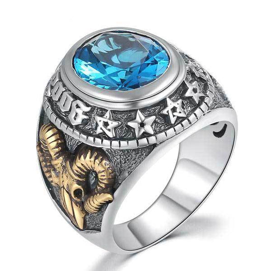 925 Silver Blue Zircon Men's Ring with Gold Plated Gothic Ram Head and Eye Of Providence - InnovatoDesign