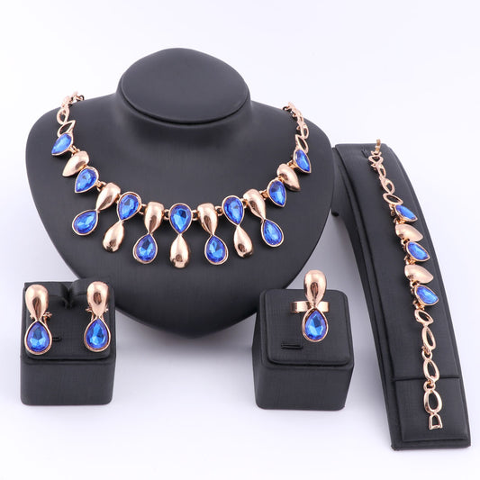 Fine Gold-Plated Crystal Necklace, Bracelet, Earrings & Ring Wedding Statement Jewelry Set-Jewelry Sets-Innovato Design-Blue-Innovato Design