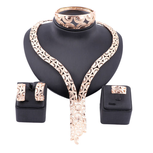 Gold-Plated Steel with Geometric Patterns Necklace, Bracelet, Earrings & Ring Wedding Jewelry Set-Jewelry Sets-Innovato Design-Innovato Design