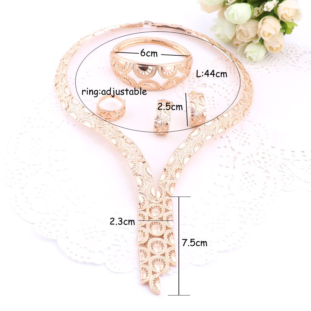 Gold-Plated Steel with Geometric Patterns Necklace, Bracelet, Earrings & Ring Wedding Jewelry Set-Jewelry Sets-Innovato Design-Innovato Design