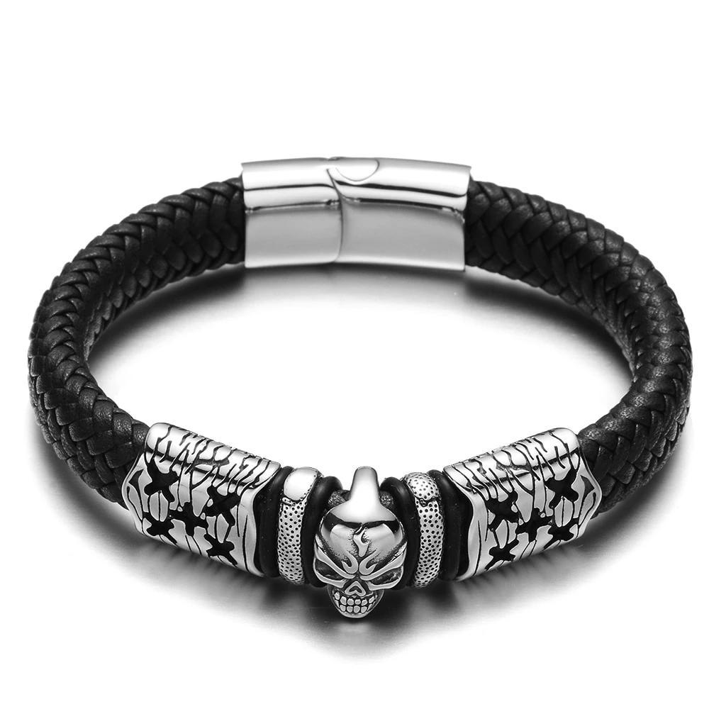 Black/Brown Braided Leather Stainless Steel Punk Skull Bracelet-Skull Bracelet-Innovato Design-Black-6.7-Innovato Design