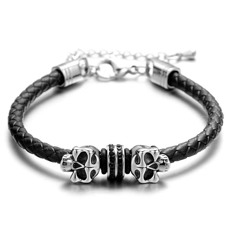 Black Slim Braided Leather Skull with Micro Cubic Zirconia Bracelet-Skull Bracelet-Innovato Design-Black-6.7-Innovato Design