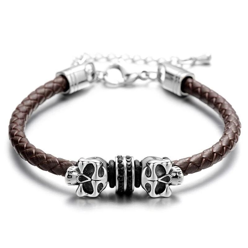 Black Slim Braided Leather Skull with Micro Cubic Zirconia Bracelet-Skull Bracelet-Innovato Design-Brown-6.7-Innovato Design
