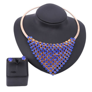 Gold-Plated Austrian Crystal Necklace & Earrings Wedding Statement Jewelry Set-Jewelry Sets-Innovato Design-Blue 1-Innovato Design