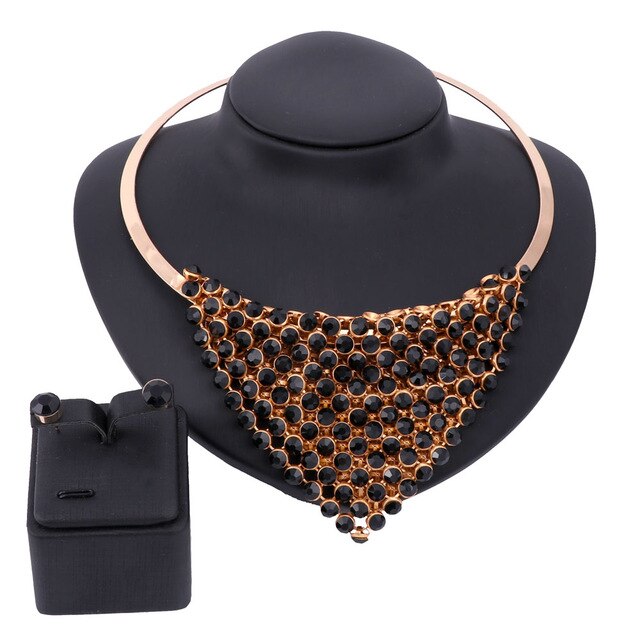 Gold-Plated Austrian Crystal Necklace & Earrings Wedding Statement Jewelry Set-Jewelry Sets-Innovato Design-Black-Innovato Design