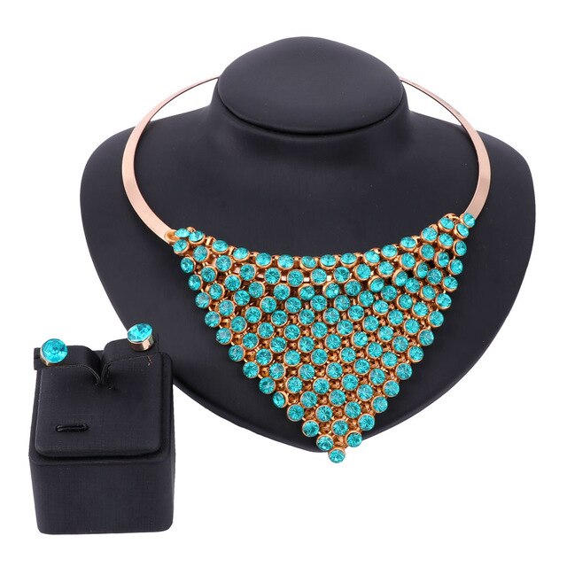 Gold-Plated Austrian Crystal Necklace & Earrings Wedding Statement Jewelry Set-Jewelry Sets-Innovato Design-Blue 2-Innovato Design