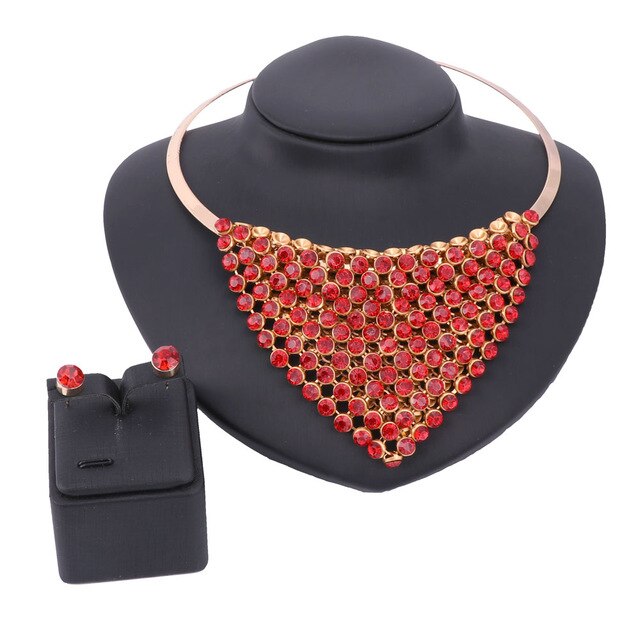 Gold-Plated Austrian Crystal Necklace & Earrings Wedding Statement Jewelry Set-Jewelry Sets-Innovato Design-Red-Innovato Design