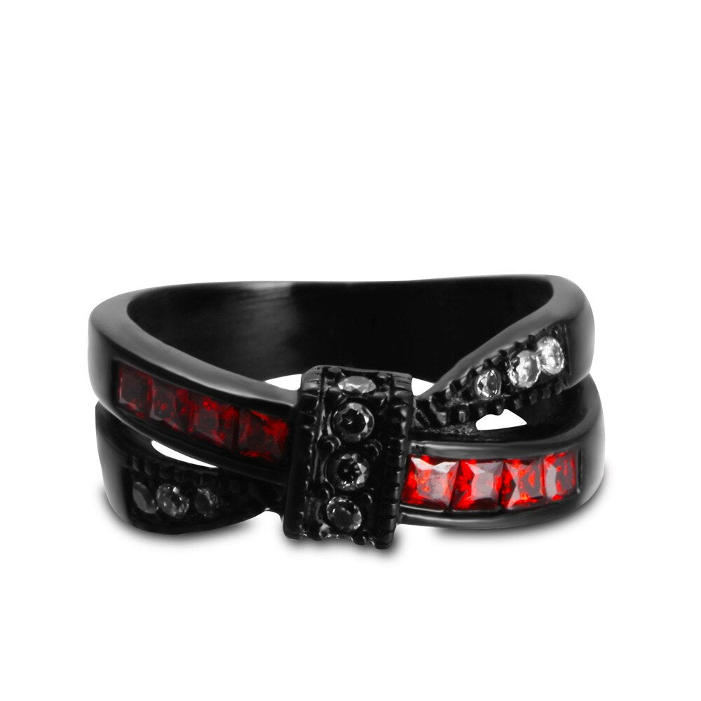 Bowknot Crystal Black-Plated Steel Vintage Fashion Ring-Rings-Innovato Design-6-Red-Innovato Design
