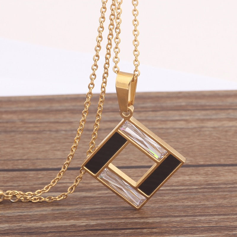 Gold-Plated Rectangular Black and Clear Crystal 316L Stainless Steel Necklace & Earrings Wedding Jewelry Set-Jewelry Sets-Innovato Design-Innovato Design