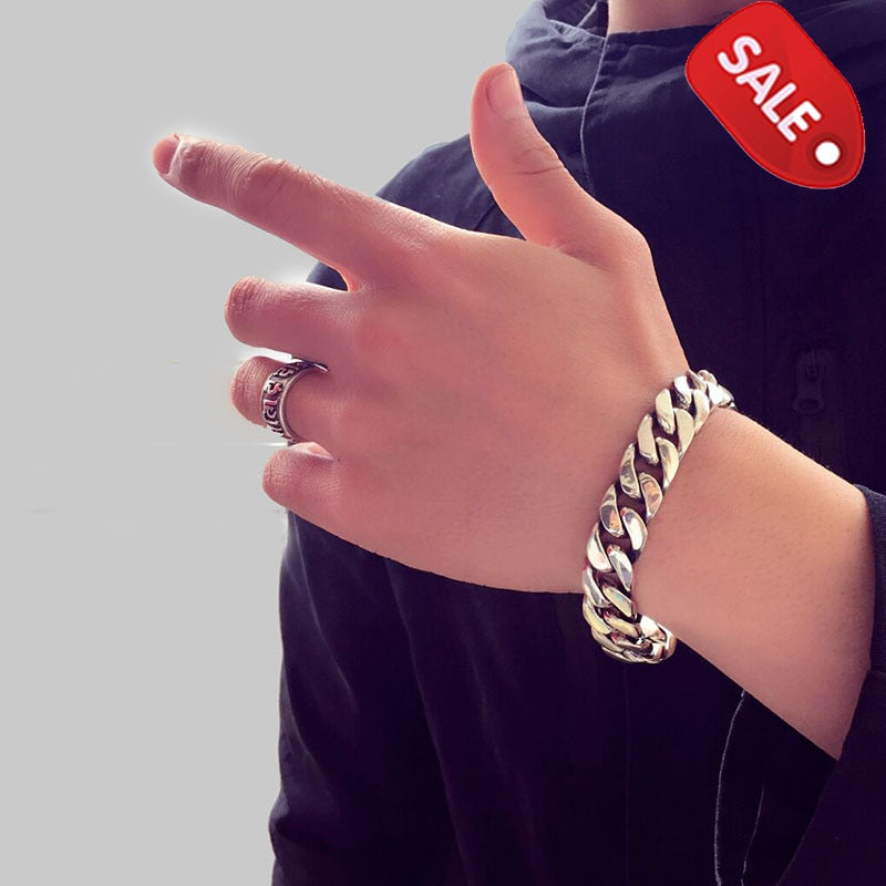 High Polished Heavy Curb Link Chain 925 Sterling Silver Vintage Biker Bracelet-Bracelets-Innovato Design-7.08in-Innovato Design