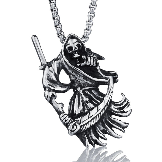 Stainless Steel Grim Reaper Pendant with Silver Chain Necklace