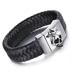 Black Multi-braided Leather Stainless Steel Skull on Cross Bracelet-Skull Bracelet-Innovato Design-Innovato Design