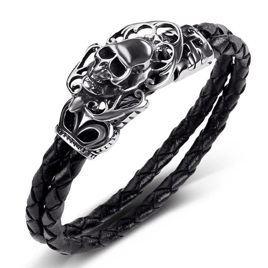Black Braided Leather Skull with Cross and Crown Bracelet - InnovatoDesign