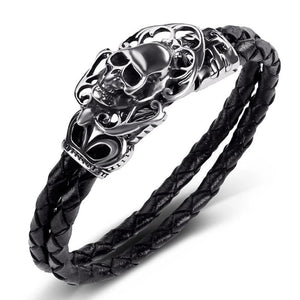 Black Braided Leather Skull with Cross and Crown Bracelet-Skull Bracelet-Innovato Design-Black-6.8-Innovato Design