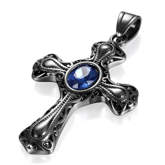 Gothic Black Sapphire Stone Cross Pendant Necklace-Necklaces-Innovato Design-Innovato Design