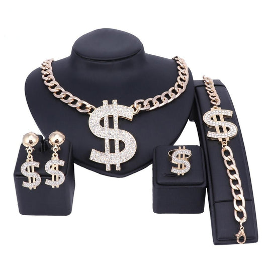 US Dollar Necklace, Bracelet, Earrings & Ring Wedding Jewelry Set-Jewelry Sets-Innovato Design-Gold-Innovato Design