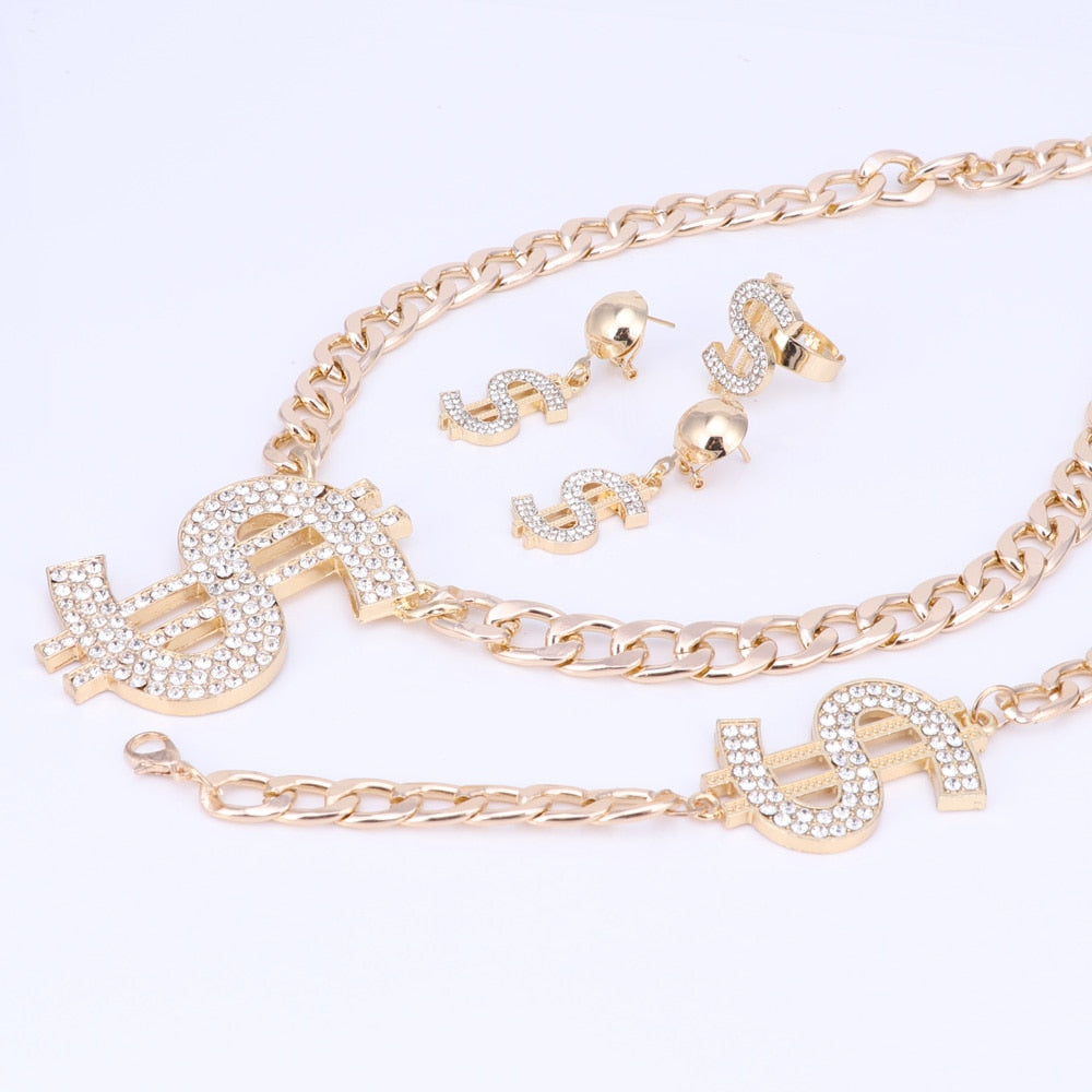 US Dollar Necklace, Bracelet, Earrings & Ring Wedding Jewelry Set-Jewelry Sets-Innovato Design-Gold-Innovato Design