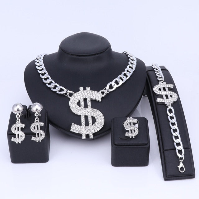 US Dollar Necklace, Bracelet, Earrings & Ring Wedding Jewelry Set-Jewelry Sets-Innovato Design-Silver-Innovato Design